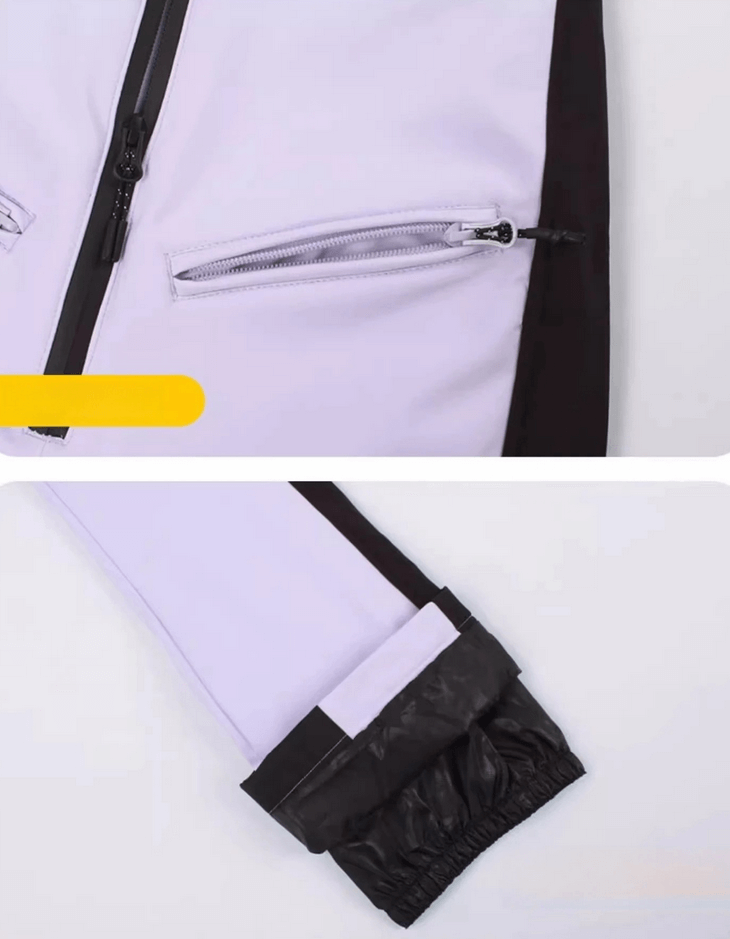 Close-up of windproof waterproof women's thermal pants with zippers, showcasing details for skiing adventures.